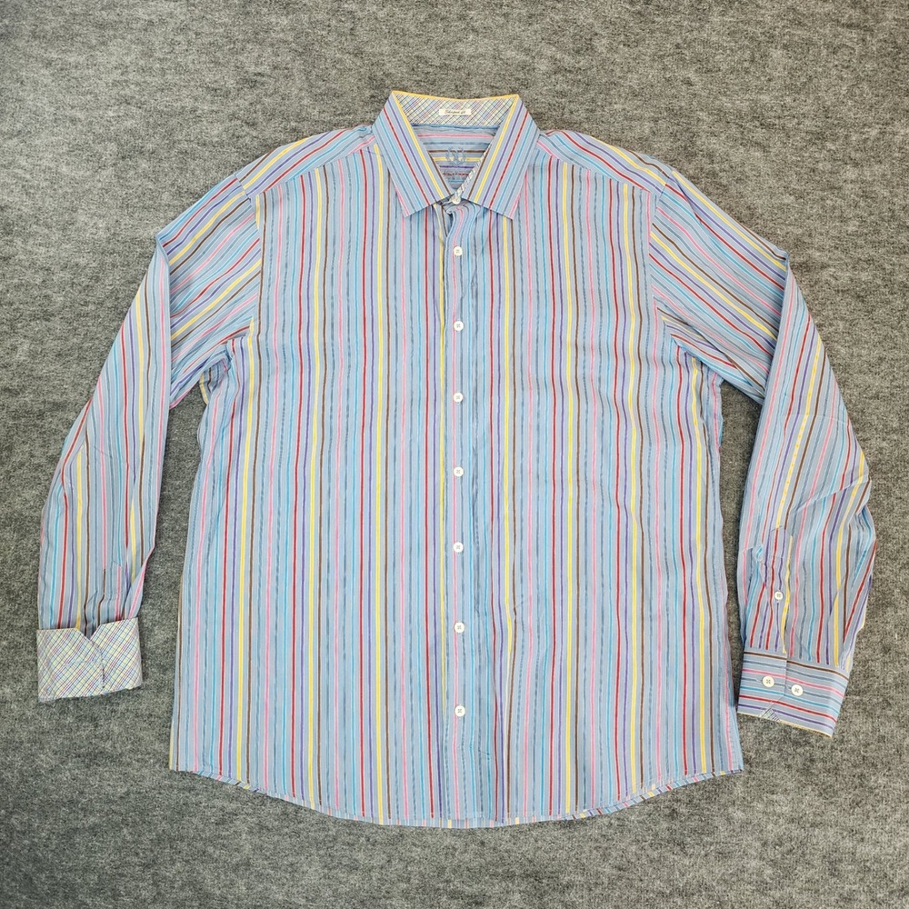 BUGATCHI UOMO Shirt‎ Mens XXL Blue Striped Long Sleeve Shaped Fit Button Down